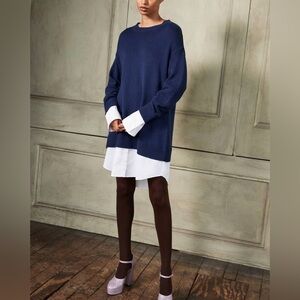 Cinq a Sept Santina Lambswool Cashmere Blend Sweater shirt dress Navy Blue